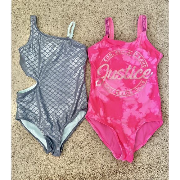 Lot Of 2 Justice Mermaid Logo Adjustable Straps One Piece Swimsuit Size 10 - Picture 1 of 6